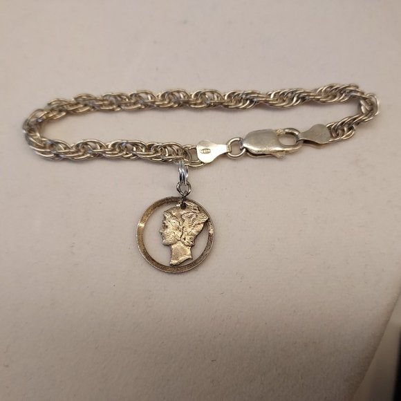 Mercury Dime .925 triple chain charm bracelet - Picture 4 of 8